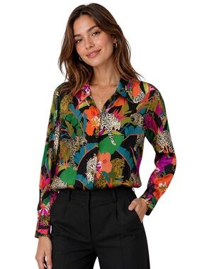 DX Collection Multicolor Leopard & Jungle Print Button-Up Blouse Size Small